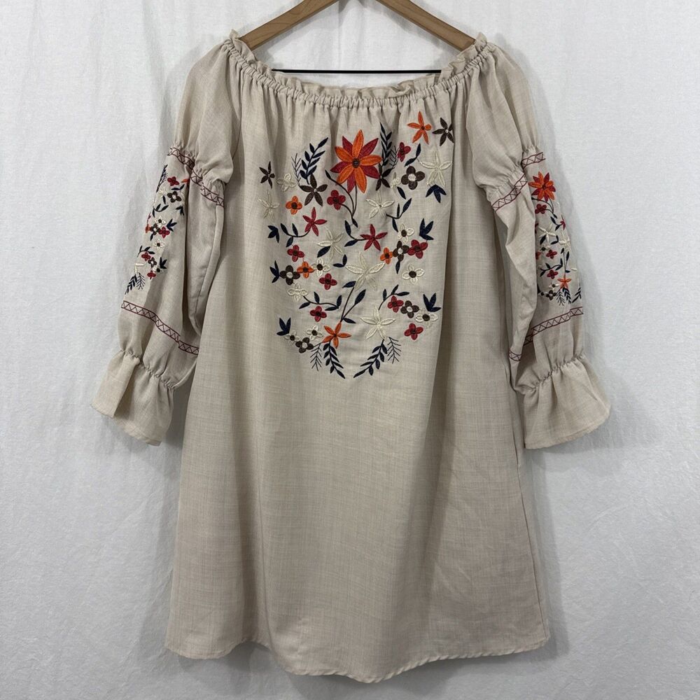 Listicle Embroidered Floral Ruffle Boho Peasant Tunic Dress Womens Sz M
